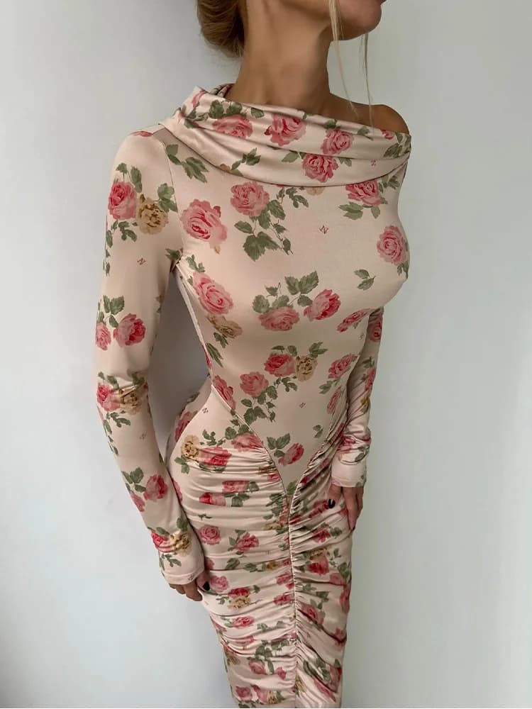 فستان نسائي طويل الأكمام بطباعة زهور CNYISHE ياقة مائلة فستان ضيق أنيق - 4