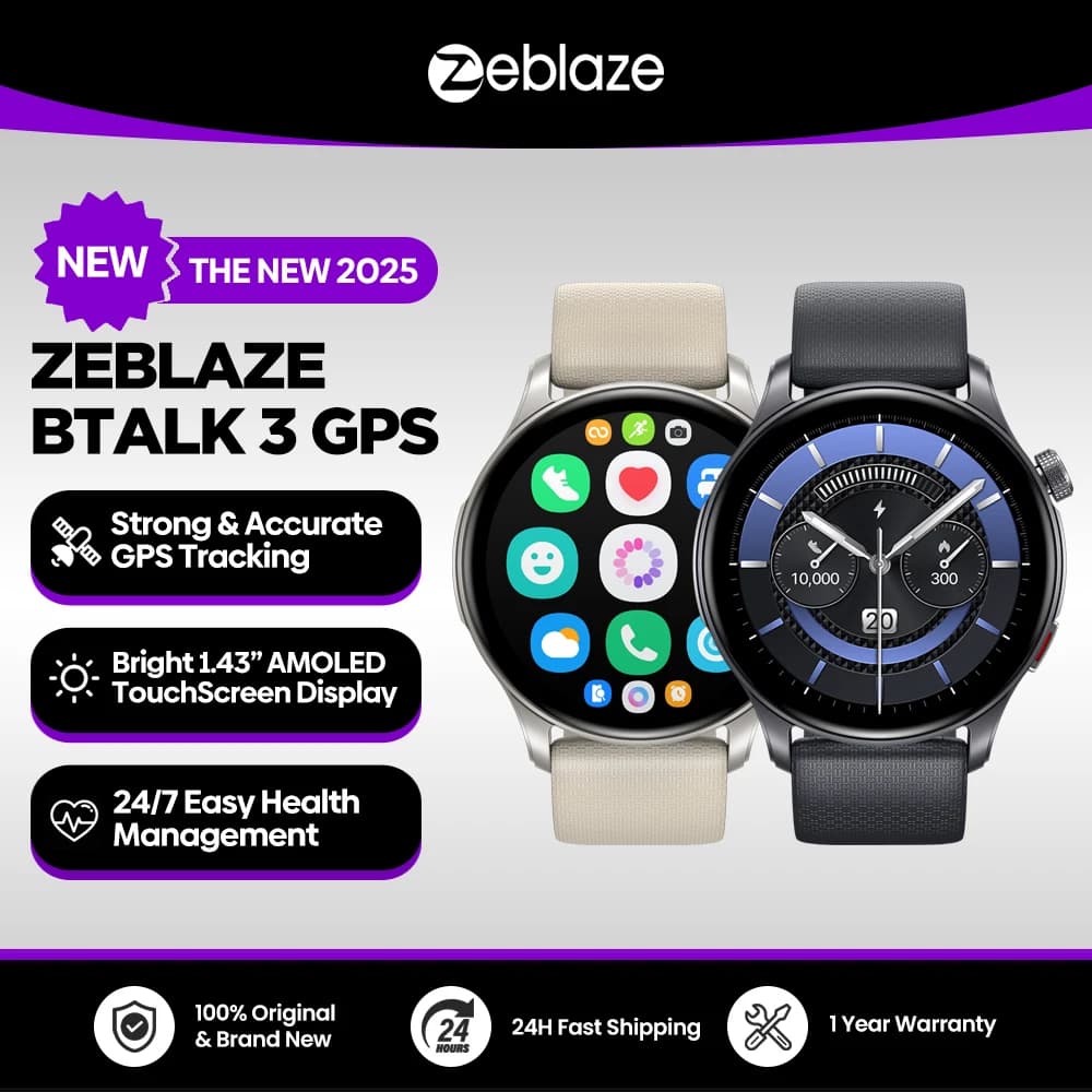 ساعة ذكية جديدة Zeblaze Btalk 3 مزودة بنظام تحديد المواقع العالمي (GPS) وشاشة AMOLED مقاس 1.43 بوصة وحزام مزدوج ومكالمات بلوتوث وساعة رياضية لتتبع معدل ضربات القلب ومستوى الأكسجين في الدم والإجهاد