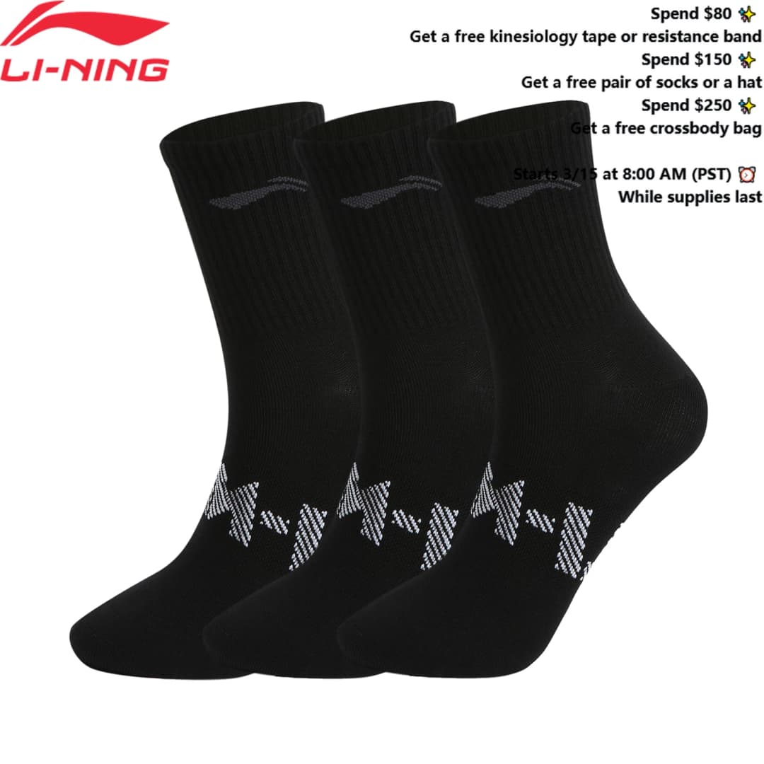 لي-نينغ للجنسين 3 أزواج جوارب رياضية للرجال والنساء مقاس 24-28 سم بحروف لي-نينغ جوارب رياضية قابلة للتنفس AWTV005