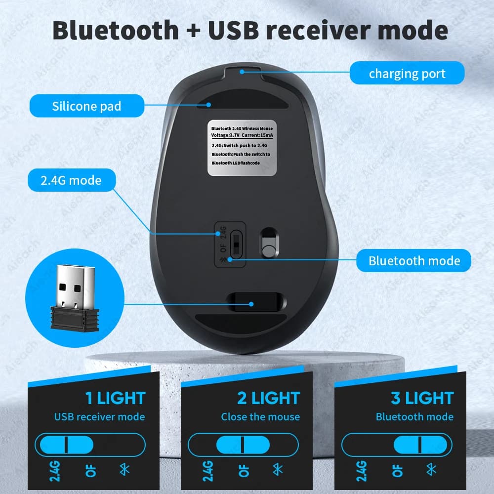 Portable Wireless Bluetooth Mouse Compact Ergonomic 2.4G USB Noiseless 1600DPI 500mAh Rechargeable for PC Tablet Laptop MacBook - 5
