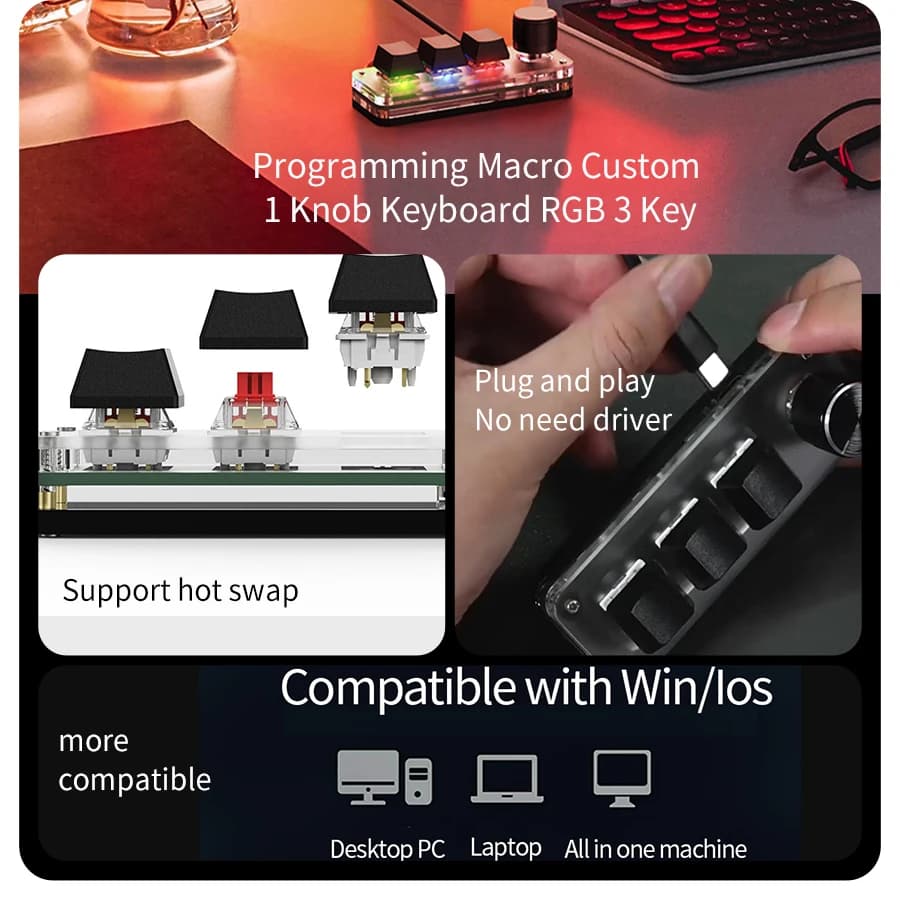 لوحة مفاتيح ميكانيكية صغيرة للألعاب مع إضاءة RGB وبرمجة مخصصة وثلاثة أزرار لبرنامج فوتوشوب - 5