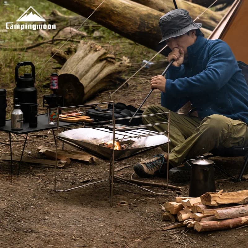 CAMPINGMOON SOLO-A3 Portable Stainless Steel Fire Table with Adjustable Bridges Foldable Camping Barbecue Grill Outdoor Cooking