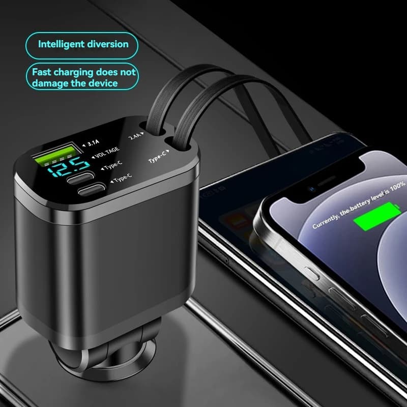 Car charger, car charger with retractable cable, car PD, car fast charging, super fast charging, flash charging, five in one cig
