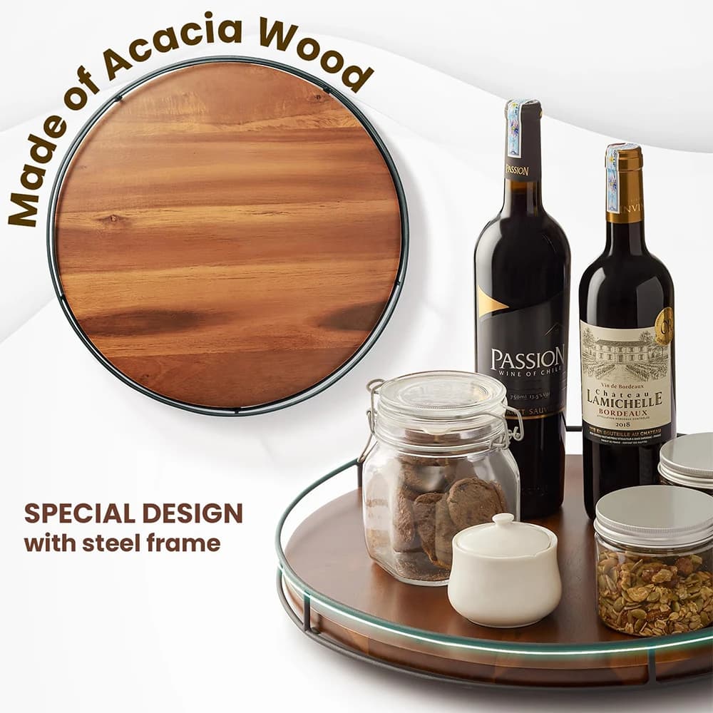 LMETJMA Acacia Wood Lazy Susan Turntable with Metal Frame Kitchen Susans Organizer Countertop Storage Wooden Serving Tray Rack - 3
