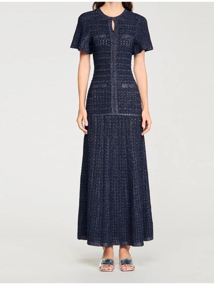 Elegant French Sequin Knit Maxi Dress Women Round Neck Cinched Waist Short Sleeve Button Detail Robe Summer Party Evening Gown - 5
