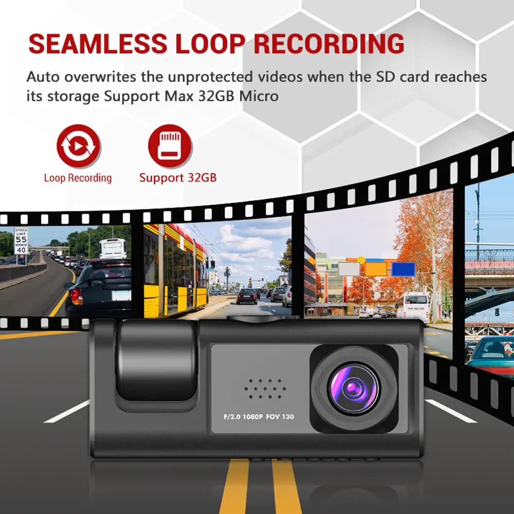 Dash Cam W/ IR Night Vision Loop Recording & 2" IPS Screen 1080P 3 Camera ， DVR recorder, video recorder, Vehicle DVR - 3