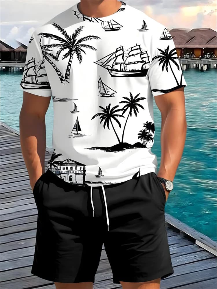 2 Piece Summer Casual Everyday Men's Short Sleeve Shorts Set Hawaiian Print Men's T-shirt Outdoor Sports Men's Beach Shorts - 4