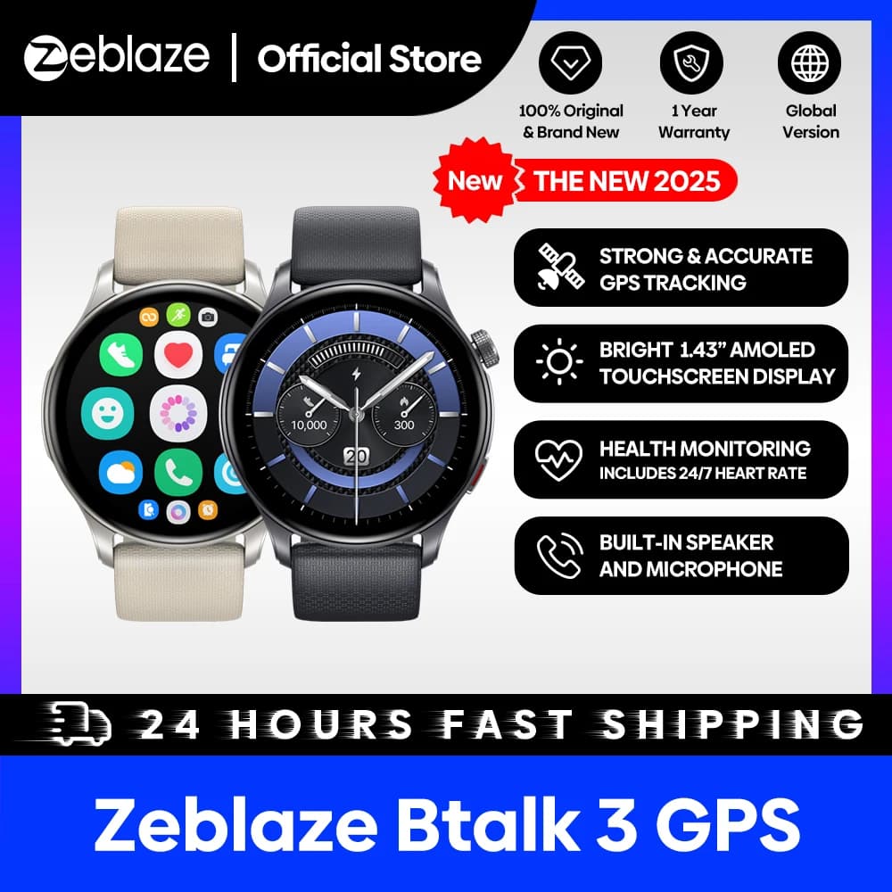 New Zeblaze Btalk 3 GPS Smartwatch 1.43" AMOLED Screen Dual Strap Make/Answer Phone Calls Heart Rate SpO2 Stress Tracking Watch