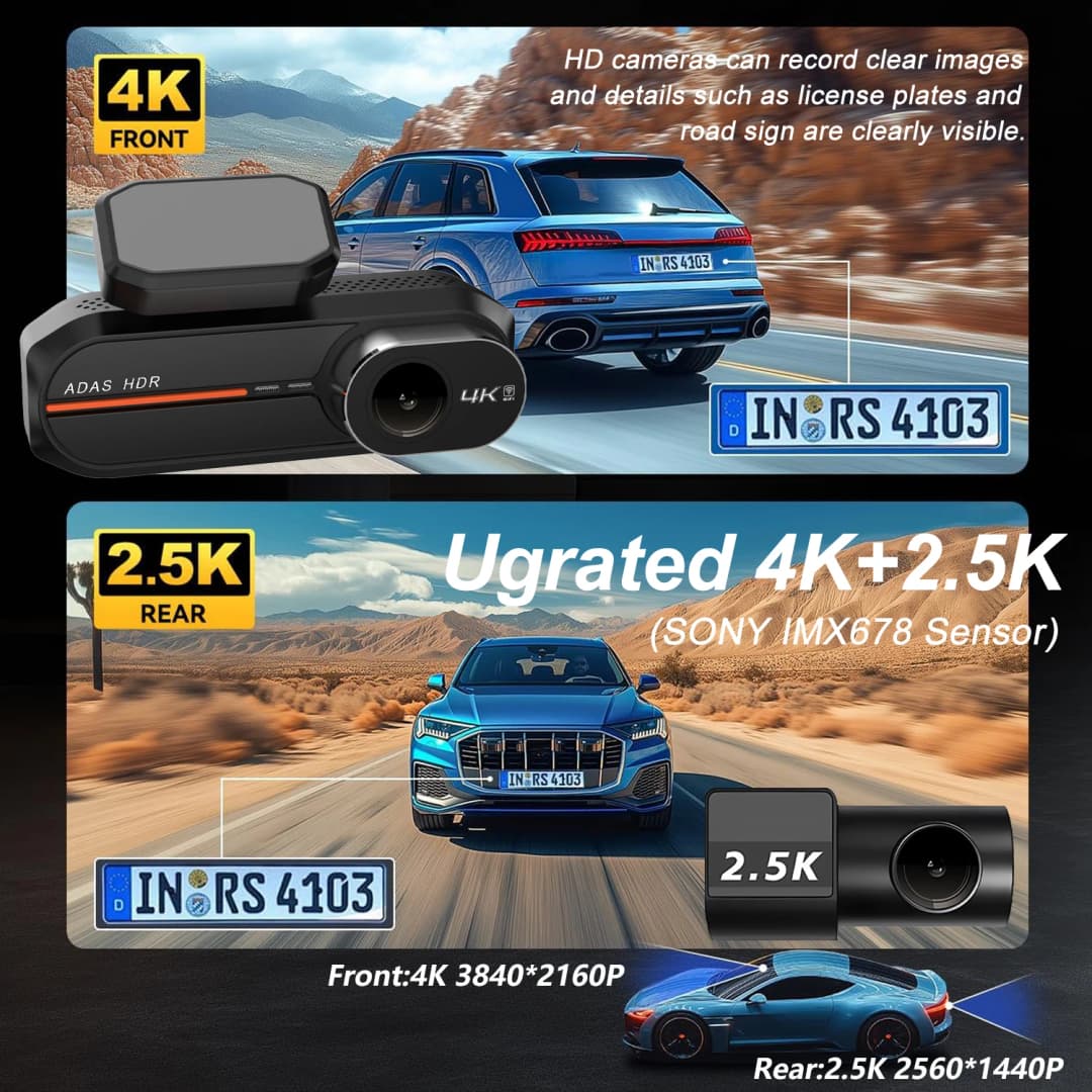 4K 3840*2160P Dash Cam WiFi GPS ADAS Front 4K Rear 2.5K DVR Video Recorder 24H Night Vision Dashcam Car Camera For Car Black Box - 4