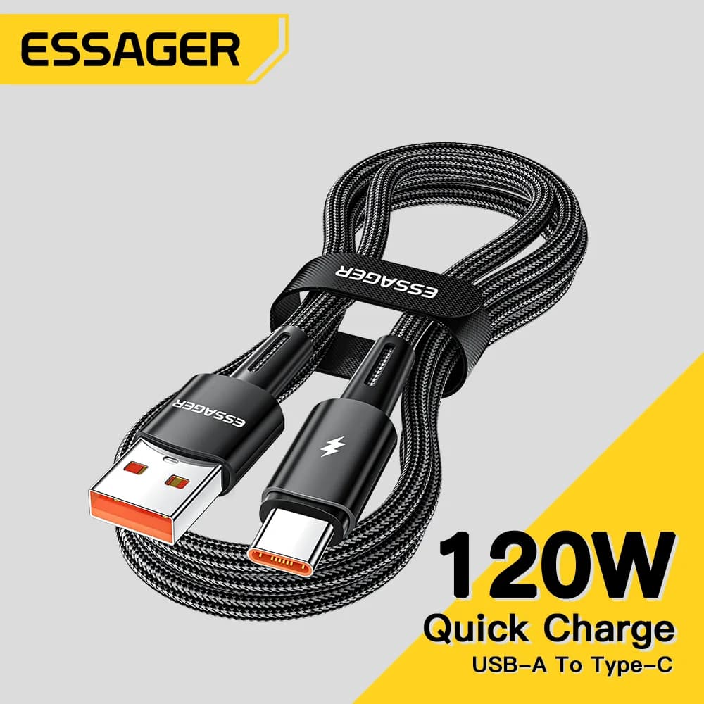 كابل Essager طويل 2m 120W USB A إلى Type C شحن فائق السرعة 6A لشاومي 12Pro ريدمي K50 نوت 11Pro لآيفون 16 برو ماكس 15