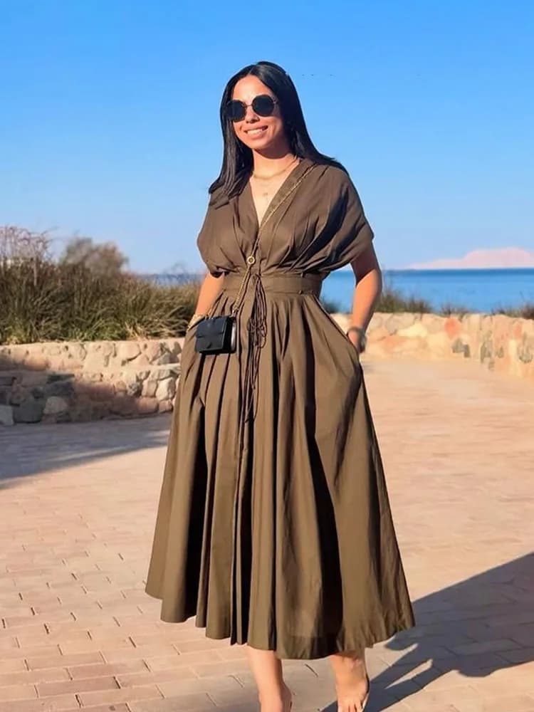 فستان صيفي طويل من HH، رقبة V، أكمام قصيرة، رباط دانتيل، تصميم أنيق وعصري