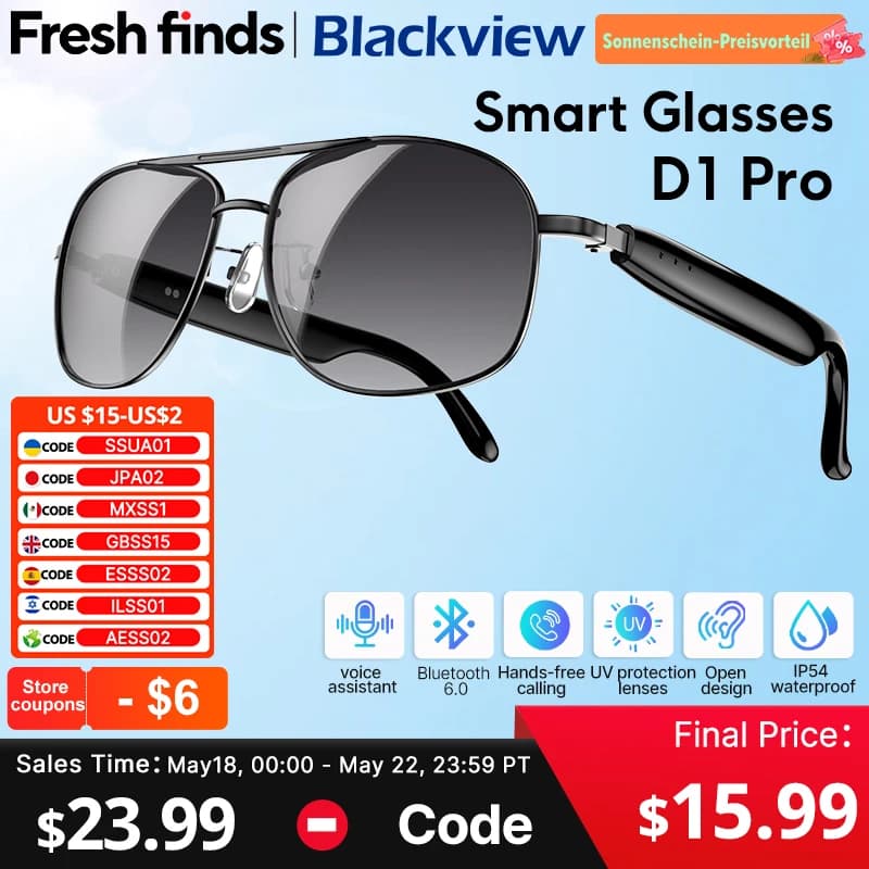 【World premiere】Blackview Smart glasses D1 Pro Open sound field voice assistant IP54 Outdoor UV protection SunGlasses