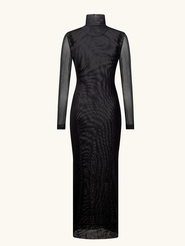 Ahagaga Fashion Women's Maxi Dresses Printed Turtleneck Regular Long Sleeves Sheath Slim Fit Eyes Causal Streetwear Vestidos - 4