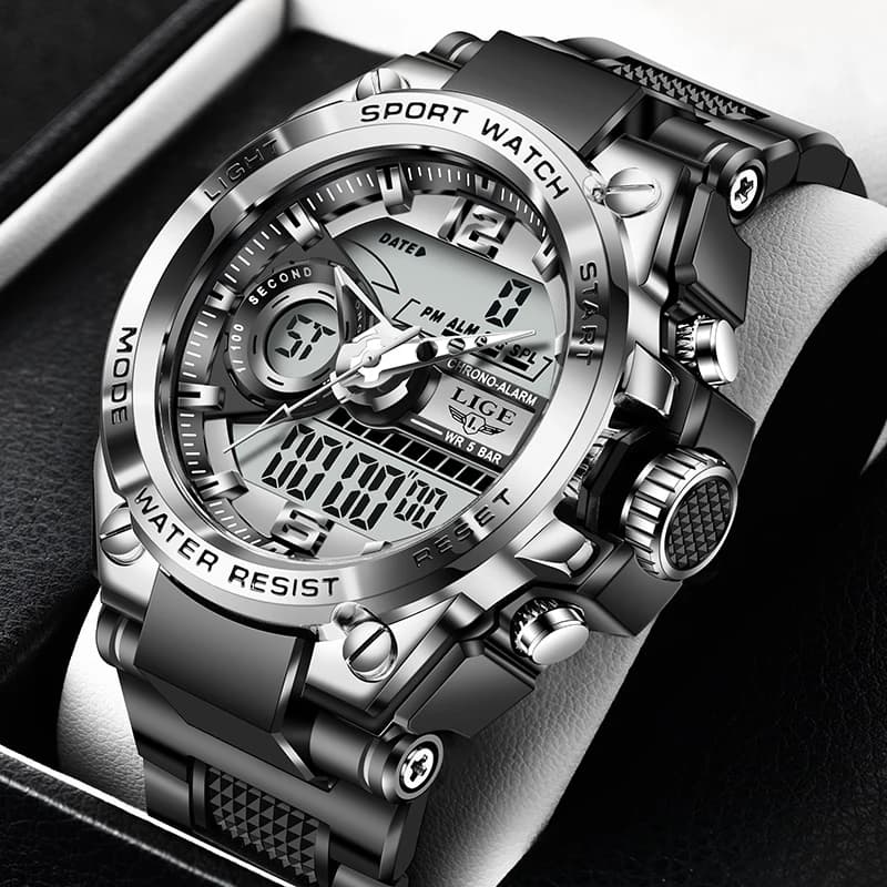 LIGE Men Sport Watch 50M Waterproof Dual Display Analog Digital Watch LED Backlight Chronograph Quartz Wristwatch Gift Box Set - 6