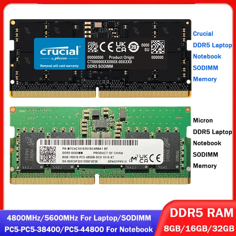 ذاكرة كمبيوتر محمول DDR5 من Crucial Micron، 16GB، 32GB، 8GB، 4800MHz، 5600MHz، SODIMM، 262Pin، PC5-38400، 44800، لـ Intel و AMD