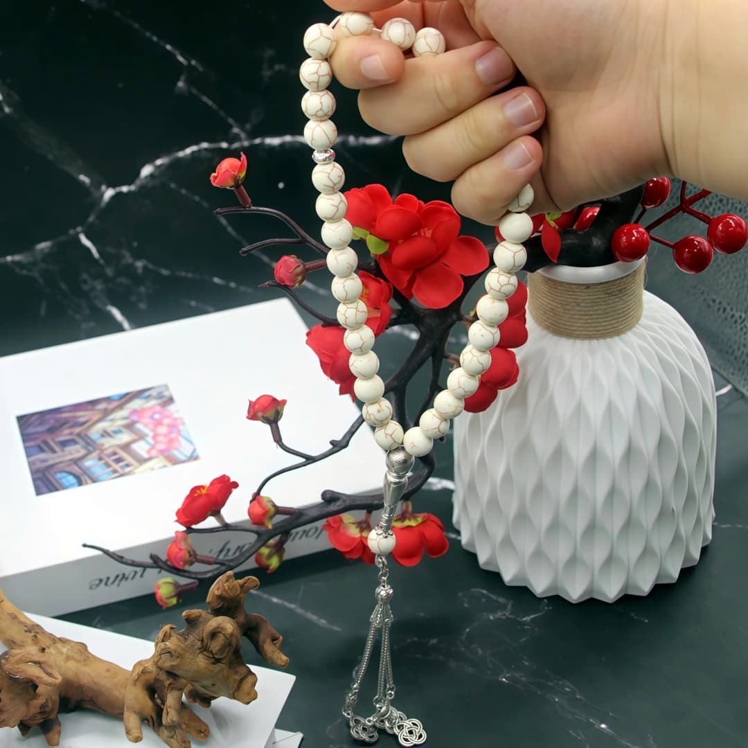 الفيروز الأبيض الطبيعي حجر شرابة معدنية 10 مللي متر 33 سبحة صلاة حجر الموضة الإسلامية مسلم مسبحة سبحة صلاة - 5