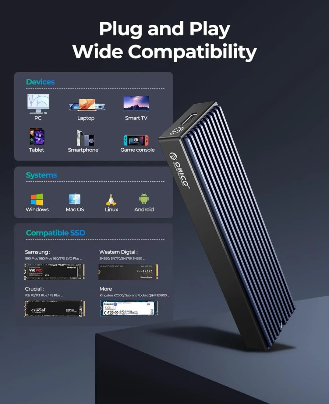 حاوية ORICO M.2 NVMe SSD، USB 3.1 Gen 2 (10 جيجابت في الثانية) محول خارجي PCIe غطاء NVMe لـ 2230/2242/2260/2280 M.2 SSD حتى 8 تيرابايت - 5