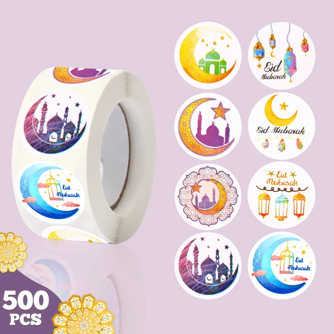 500PCS Eid Mubarak Stickers Moon Castle Paper Stickers Ramadan Kareem 2026 Muslim Islamic Party Decor DIY Gift Wrapping Supplies