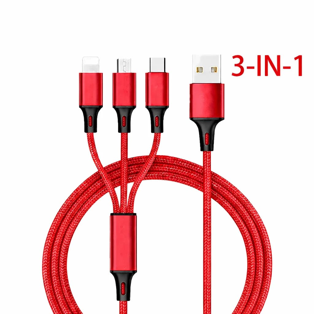 شاحن 3 في 1، كابل USB شحن سريع نوع C ومايكرو ولايتنينج، متوافق مع آيفون وهواوي وسامسونج، سلك مضفر من النايلون