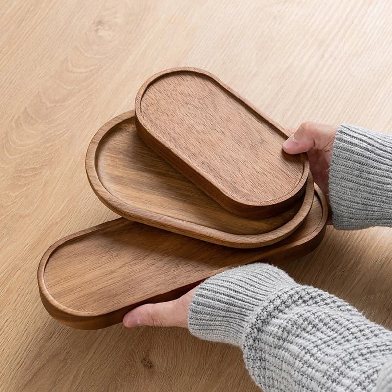 Solid Wood Round Dessert Plate Japanese-style Wooden Coffee Wooden Tray Snack Dried Fruit Plate Oval Tea Tray Kitchen Supplies - 2