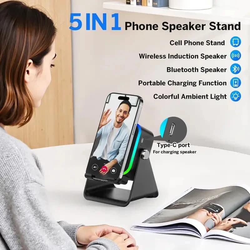 NEW 5 In 1 Auto-induction Wireless Induction Speaker 8 Mode RGB Light Phone Stand Surround Sound Portable Bluetooth Phone Holder - 2