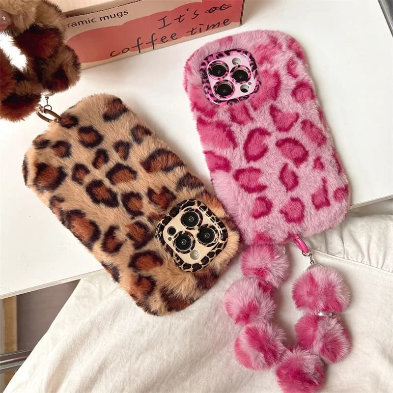 Fashion Leopard Furry Plush Lens Bracket Phone Case For iPhone 17Air 15 14 13 12 11 16 Pro Max With Wrist Chain Shockproof Cover - 4