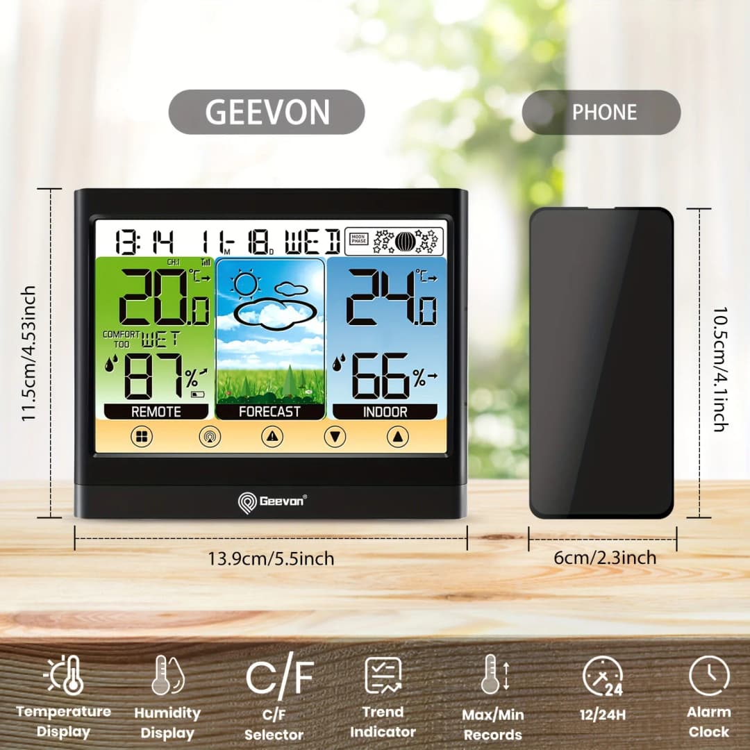 محطة طقس Geevon لاسلكية، ميزان حرارة داخلي وخارجي، مقياس رطوبة، شاشة LCD تعمل باللمس مع منبه وإضاءة خلفية قابلة للتعديل - 2