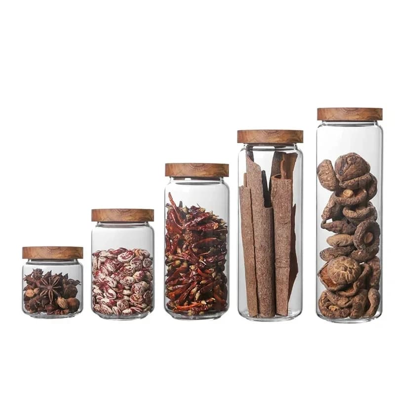 1pcs Wood Lid Orgnizer Glass Airtight Canister Kitchen Storage Bottles Jar Sealed Food Container Ginger Cereal Dispenser Set - 5