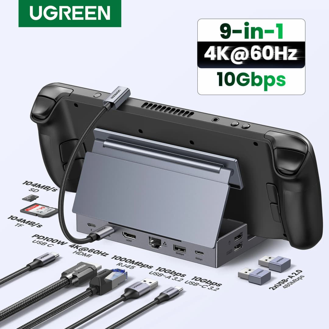 محطة UGREEN Steam Deck 4K60Hz 9 منافذ RJ45 PD100W USB C HUB متوافقة مع Steam Deck وROG Ally وLEGION Go وiPhone 15 Pro/Pro Max