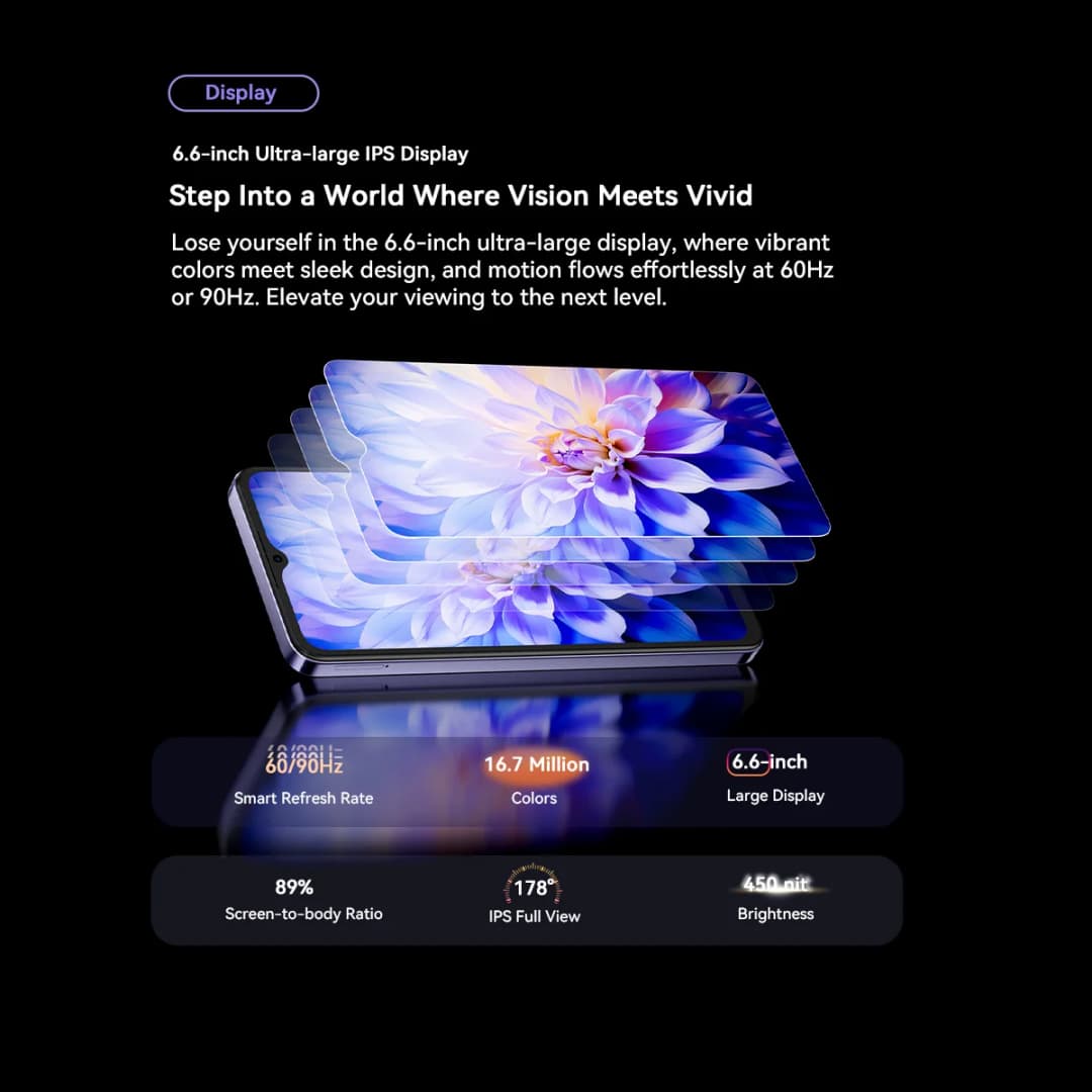 هاتف Blackview OSCAL FLAT 2 الذكي، شاشة 6.6 بوصة HD+، معالج T606 ثماني النواة، بطارية 5000 مللي أمبير، ذاكرة رام 4 جيجابايت، ذاكرة داخلية 256 جيجابايت، كاميرا 13 ميجابكسل، نظام أندرويد 14 - 2