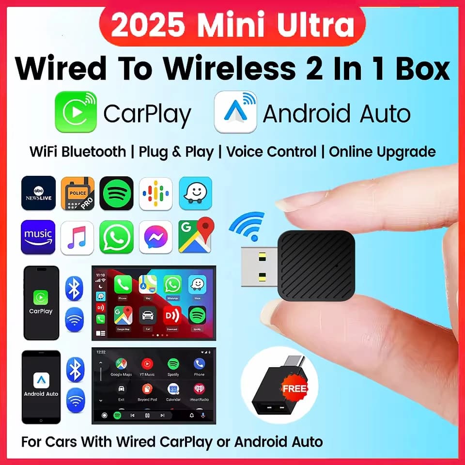 محول صغير 2 في 1، صندوق الذكاء الاصطناعي، من سلكي إلى لاسلكي Carplay وAndroid Auto، متوافق مع 99% من السيارات، تشغيل فوري، Dongle ذكي WiFi