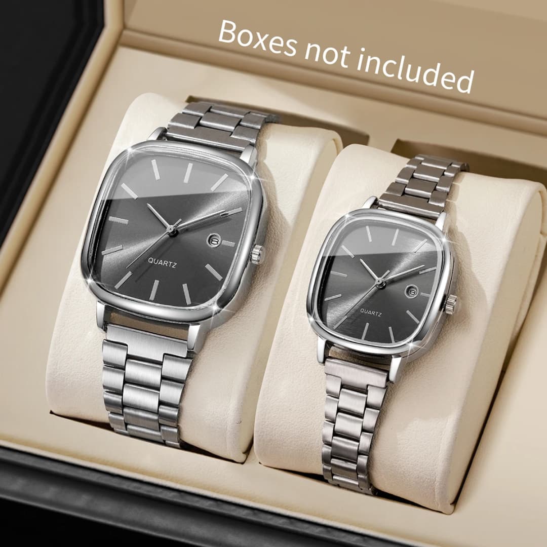 قطعتان ساعات معصم مربعة للأزواج رجال نساء غير رسمية تقويم يومي (بدون علبة)