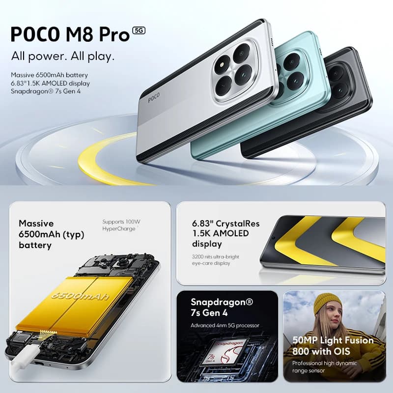 هاتف POCO M8 Pro 5G الذكي نسخة عالمية سنابدراجون 7s الجيل 4 شاشة 6.83 بوصة 1.5K 120 هرتز بطارية 6500 مللي أمبير 100 واط NFC - 3