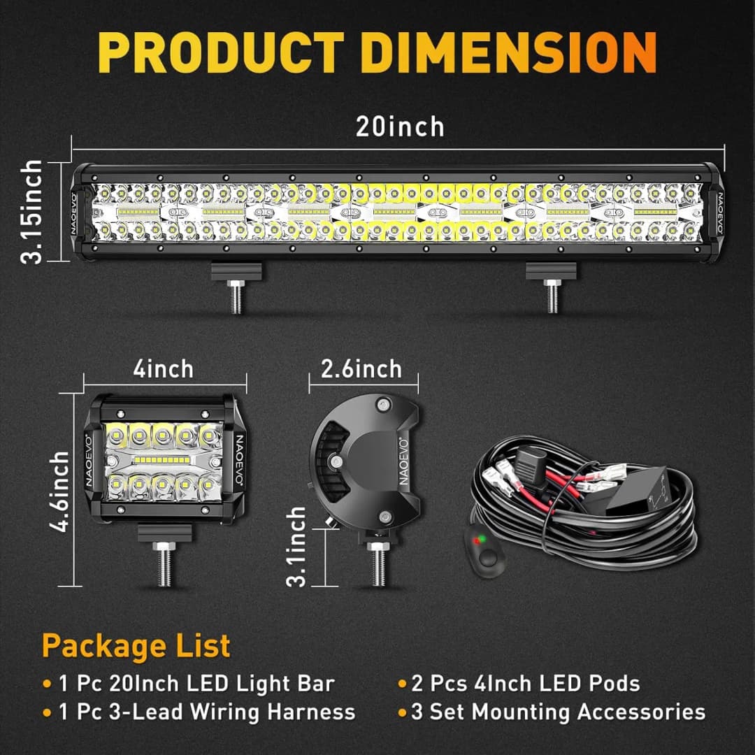NAOEVO 20 Inch LED Light Bar 4Inch LED Lights 100W 24000LM Waterproof LED Off Road Driving Fog Lights Spot Flood Combo Light Bar - 6