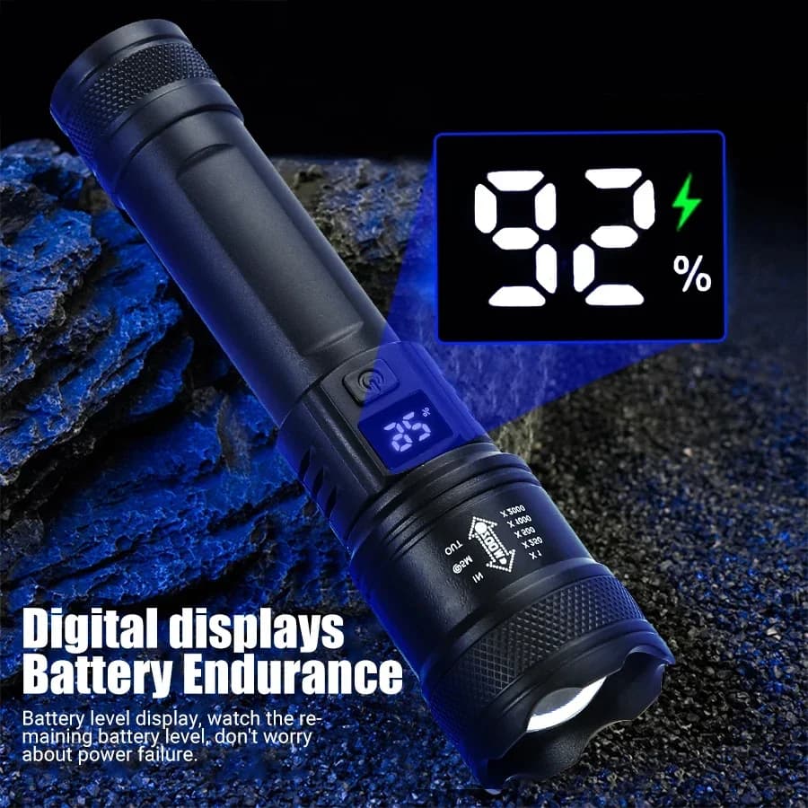 High Strong Power Led Flashlight 1000000LM Tactical Torch with Display Light USB Charging Camping Fishing Emergency Zoom Lantern - 4
