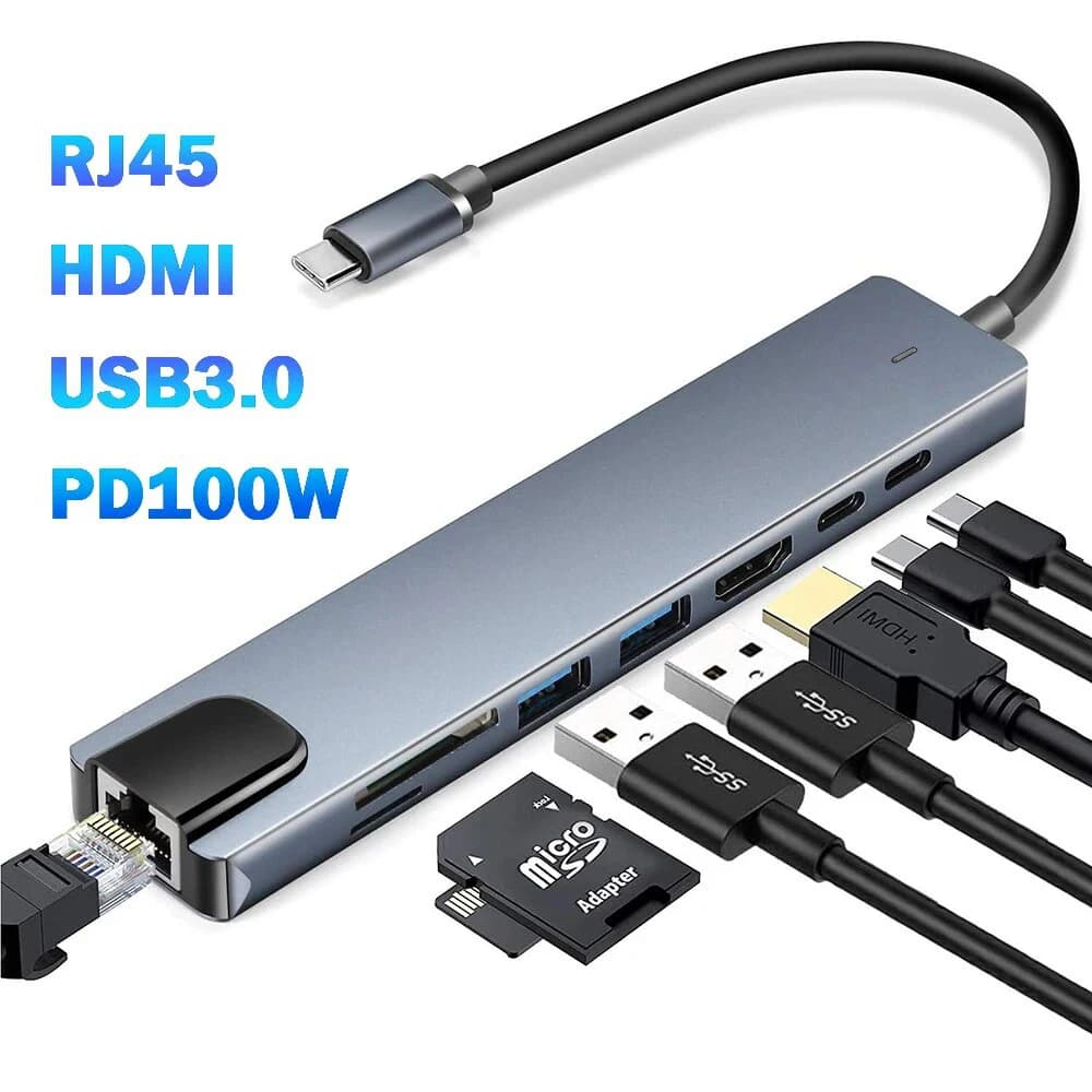 محطة توصيل USB 3.0 Type C HUB إلى HDMI 4K 30HZ، محول إيثرنت Type C إلى RJ45 100Mbps، موسع VGA، شاحن PD 100W