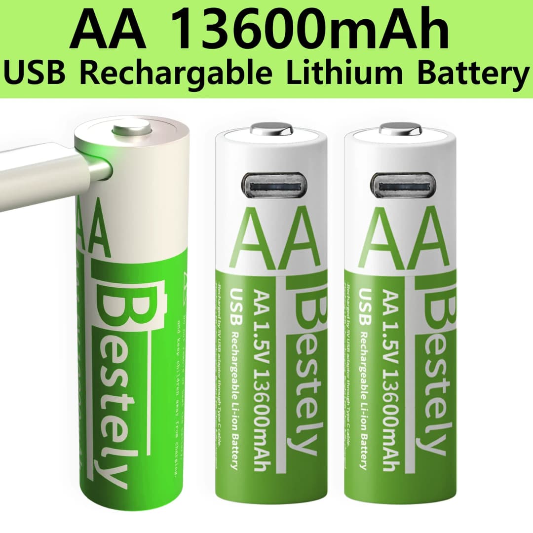 أفضل بطارية ليثيوم AA قابلة لإعادة الشحن 1.5 فولت 13600 مللي أمبير في الساعة شحن سريع بطاريات ليثيوم أيون طويلة الأمد دورة 2000 مع كابلات USB-C