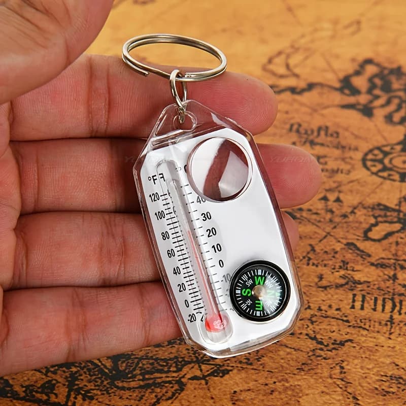 3 in 1 Keychain Compass Portable Mini Keychain Outdoor Thermometer magnifying glass Compass, camping essentials, survival tools, - 2