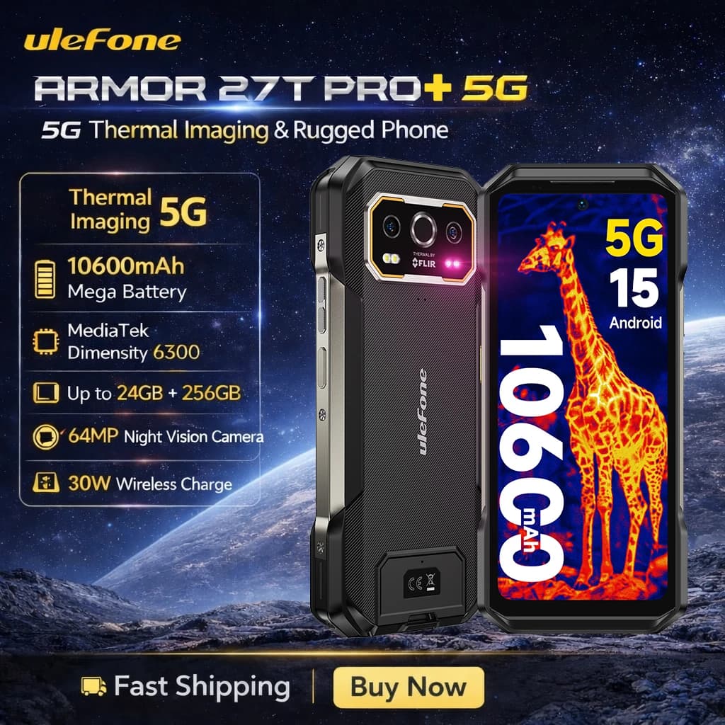 هاتف Ulefone Armor 27T Pro 5G المتين بطارية 10600 مللي أمبير أندرويد 14 كاميرا ليلية 50 ميجابكسل+64 ميجابكسل شاشة 6.78 بوصة 120 هرتز ذاكرة 24 جيجابايت+256 جيجابايت NFC