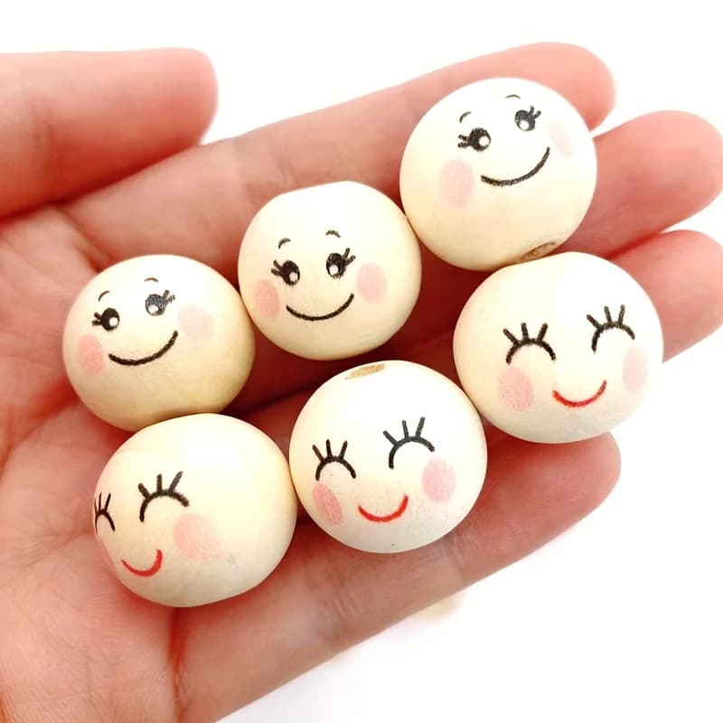 20pcs Smiling Face Wooden Beads For Making Creative DIY Handmade Beaded Craft Supplies - 2