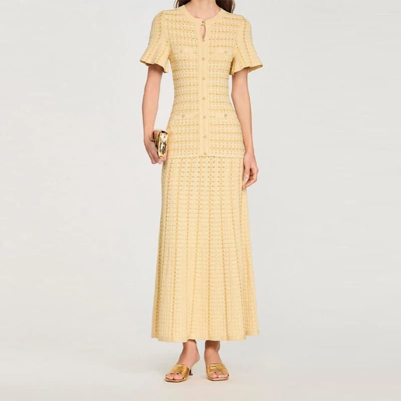 Elegant French Sequin Knit Maxi Dress Women Round Neck Cinched Waist Short Sleeve Button Detail Robe Summer Party Evening Gown - 6