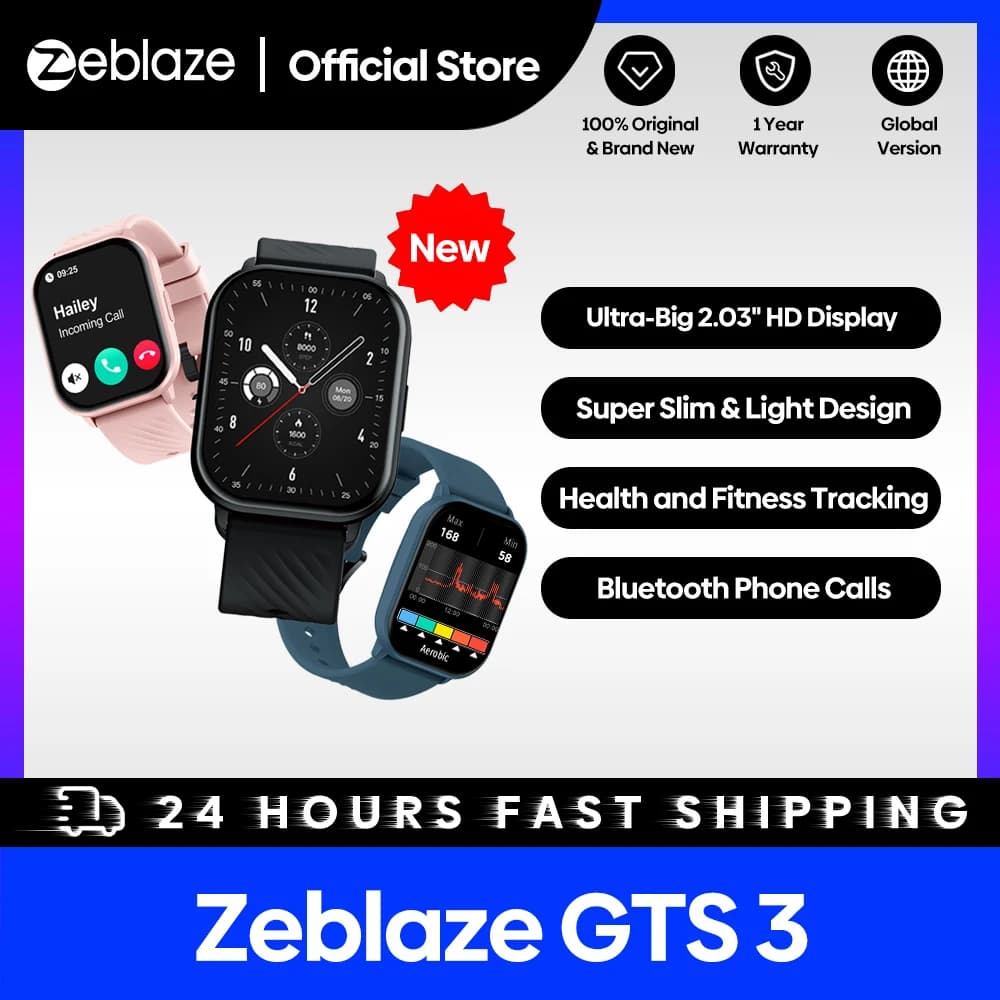 ساعة ذكية جديدة Zeblaze GTS 3 بمكالمات صوتية وشاشة فائقة الكبر 2.03 بوصة عالية الدقة ومراقبة صحية على مدار 24 ساعة وأكثر من 100 وضع رياضي وأكثر من 200 واجهة ساعة