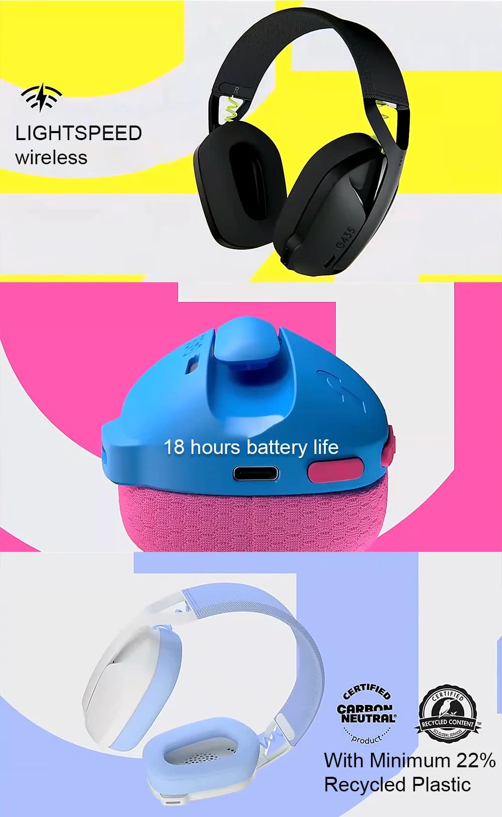Logitech G435 LIGHTSPEED Wireless Gamer Headset USB Bluetooth/2.4 G Connection Built-in Microphone Gaming Headphone for PC/PS - 6