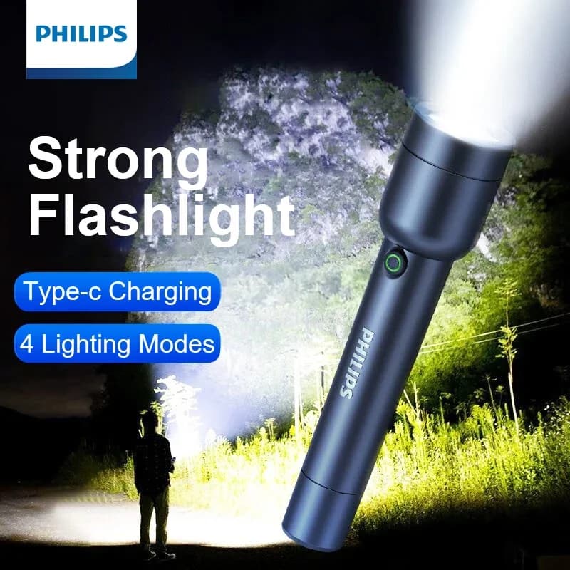 Philips كشاف LED مع بطارية 18650 قابلة لإعادة الشحن عبر USB و 4 أوضاع إضاءة مضاد للماء للتخييم في الهواء الطلق والدفاع عن النفس