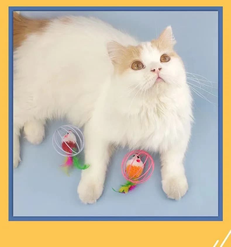 Cage Mice Ball Plush Simulation Colored Mouse Interactive Cat Toys Caged Mouse Ball Feather Wand Durable Plush Teaser - 2