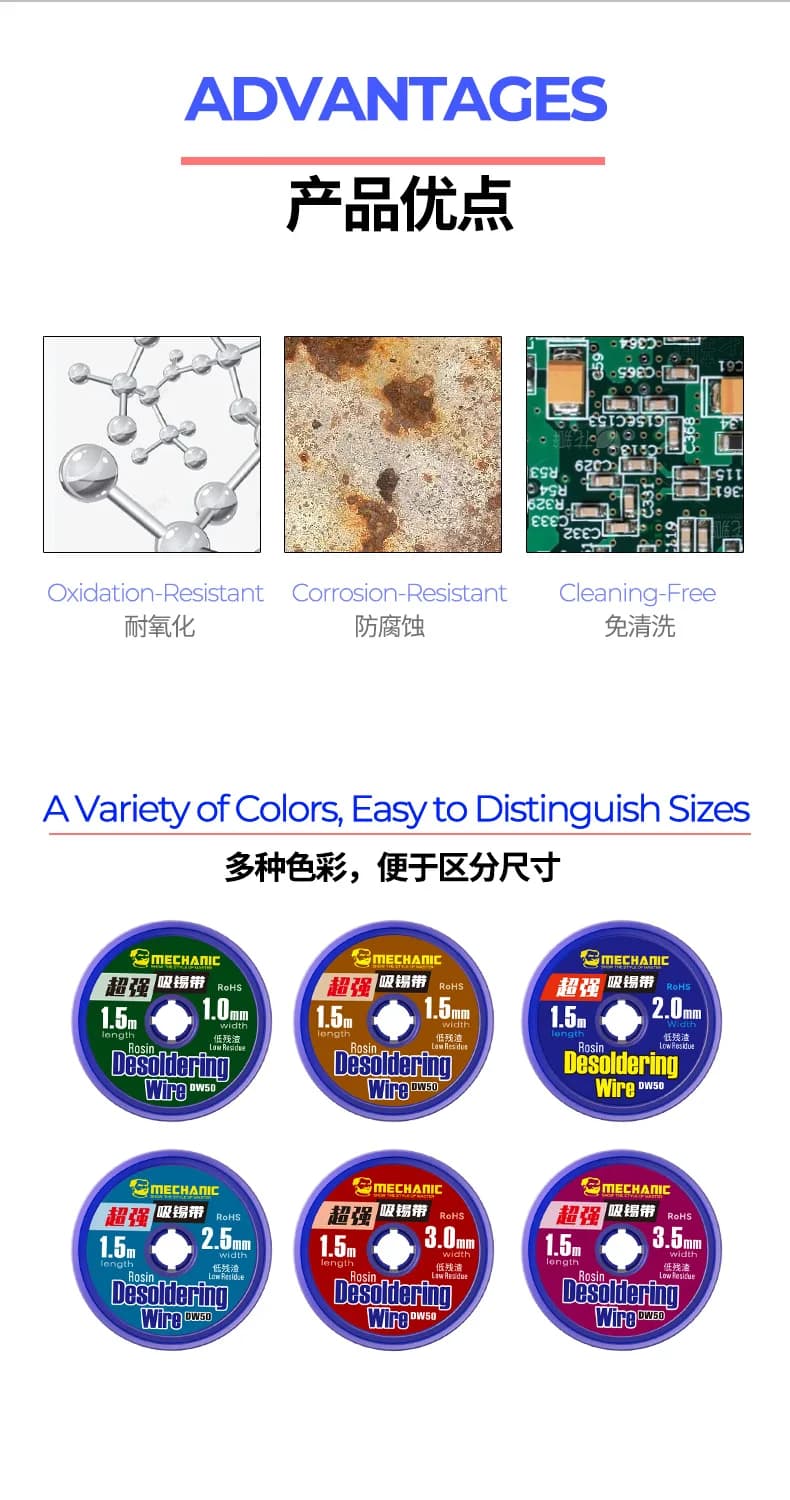 MECHANIC 5PCS DW50 1.5M Strong Copper Desoldering Wire Braid Solder Wick Remover 1.5/2.0/2.5/3.0/3.5mm Soldering Tin Sucker - 3