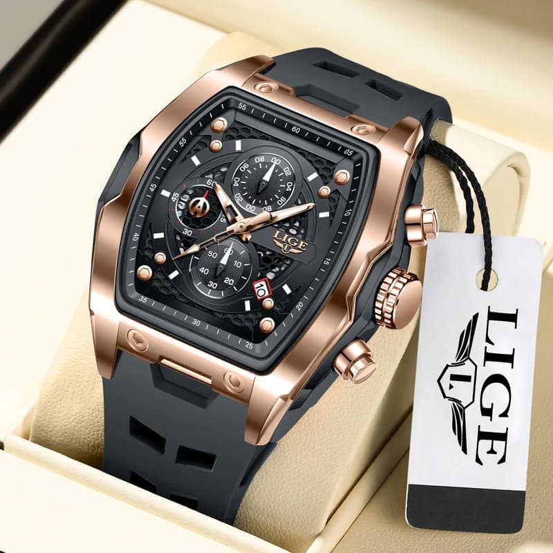 LIGE Men's Business Watch Waterproof Luminous Chronograph Date Quartz Movement Silicone Strap Wristwatch in Male+Box Packaging - 2