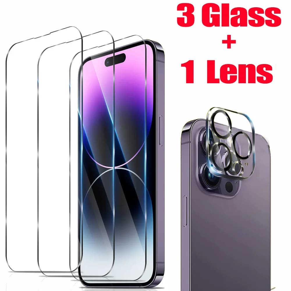 حماية شاشة عالية الدقة لـ iPhone 16 15 17 14 13 12 11 Pro Max زجاج مقسى iPhone15 Pro غطاء عدسة الكاميرا iPhone16 Plus 13 Mini