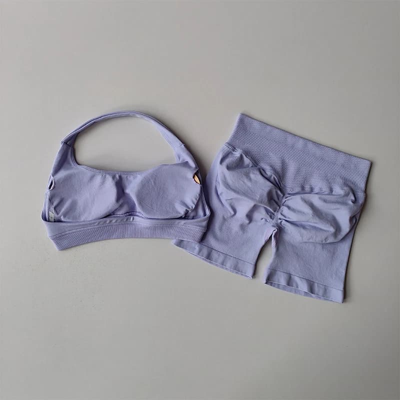 Sexy Halter Neck Beautiful Back High Waist Peach Sports Bras Shorts Suit Pilates Gathering Yoga Vest Training Fitness Bra Sets - 2