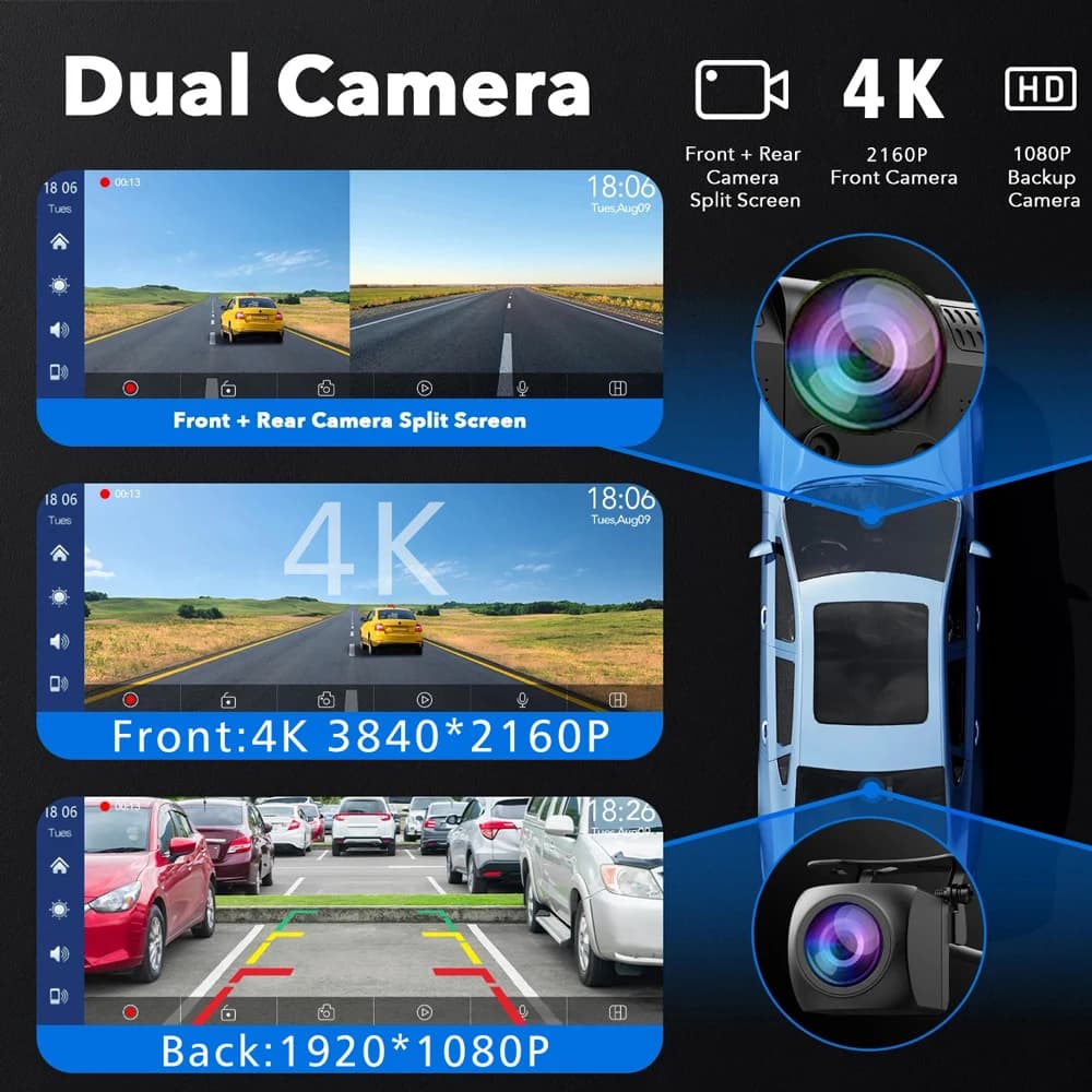 10.26" Dash Cam 4K 2160P Carplay Android Auto Car DVR 5G Wifi GPS FM Video Drive Recorder Stream Dahscam 360 ° Rotation Camera - 2